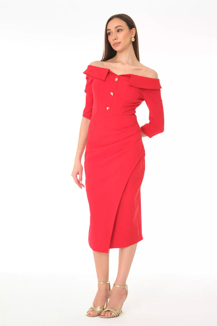 FRV Red crepe 3/4 sleeve midi dress - Harrogate