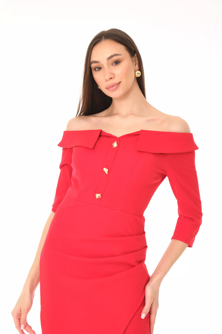 FRV Red crepe 3/4 sleeve midi dress - Harrogate