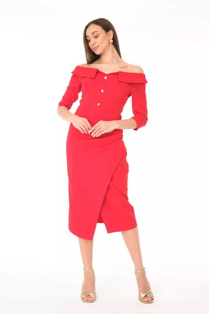 FRV Red crepe 3/4 sleeve midi dress - Harrogate
