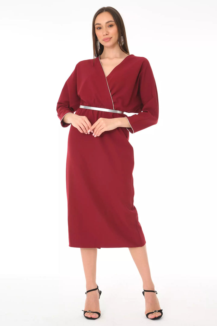 FRV Maroon crepe long sleeve midi dress - Pombal