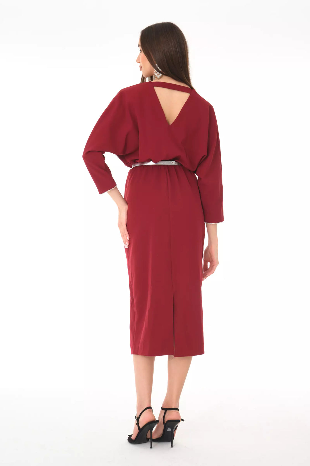 FRV Maroon crepe long sleeve midi dress - Pombal