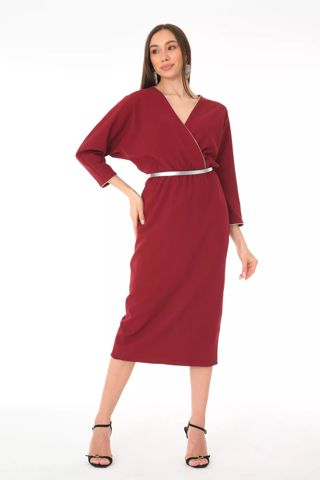 FRV Maroon crepe long sleeve midi dress - Pombal