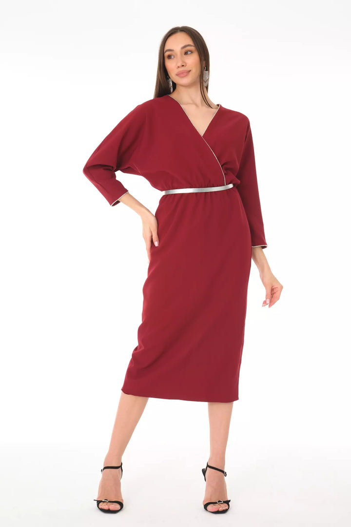 FRV Maroon crepe long sleeve midi dress - Pombal