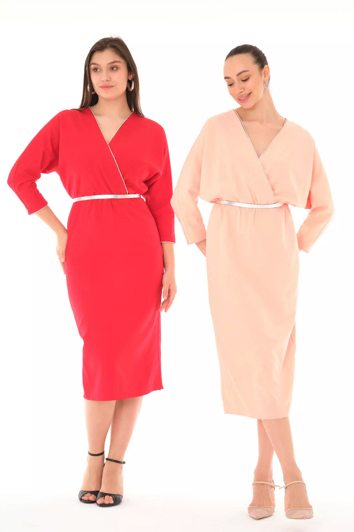 FRV Red crepe long sleeve midi dress - Smyrna