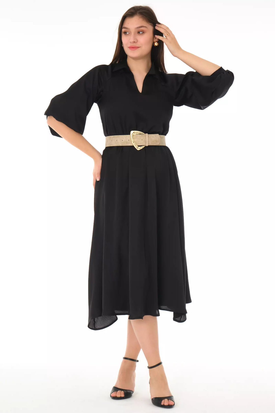 FRV Black satin long sleeve midi dress - Attleboro