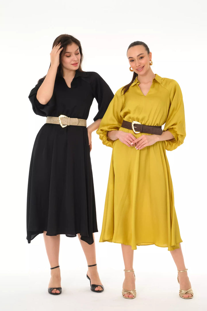 FRV Peanut green satin long sleeve midi dress - Villeneuve-Saint-Georges