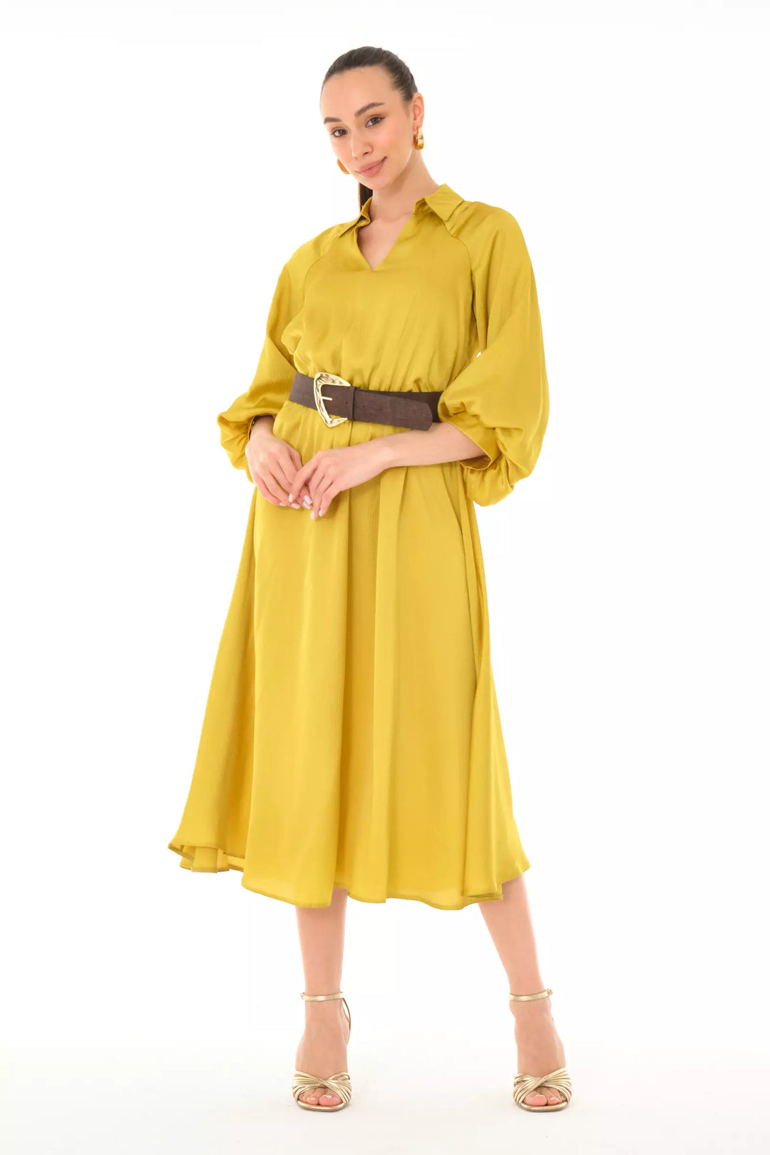 FRV Peanut green satin long sleeve midi dress - Villeneuve-Saint-Georges