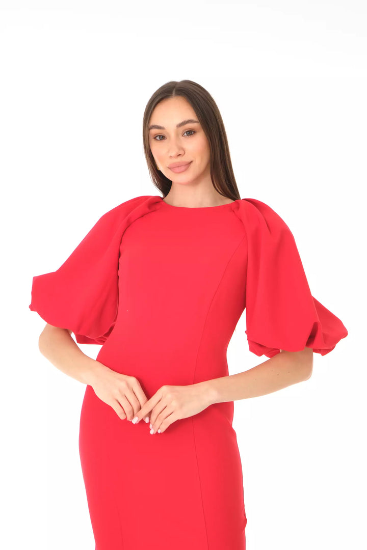 FRV Red crepe short sleeve midi dress - Elmhurst