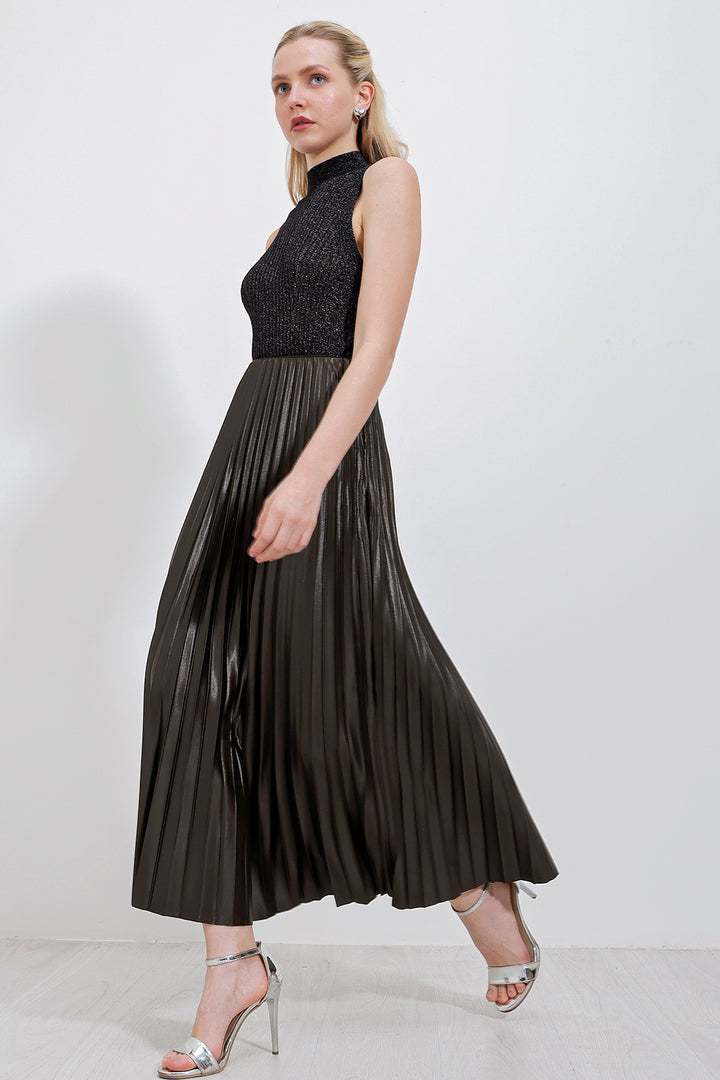 BGD Women Faux Leather Pleated Skirt - Khaki - Whitney