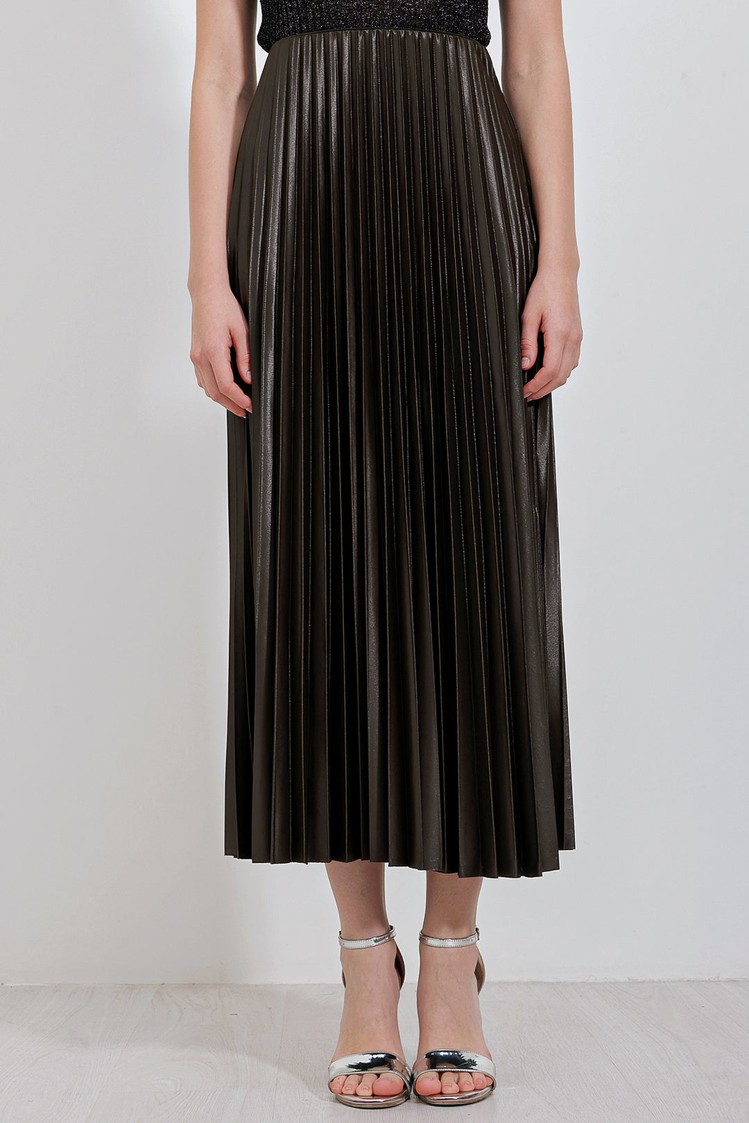 BGD Women Faux Leather Pleated Skirt - Khaki - Whitney