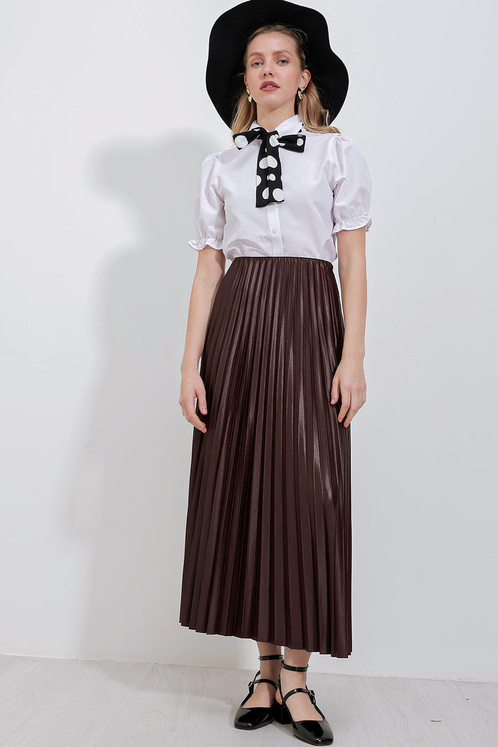 BGD Women Leather-Look Pleated Skirt - Brown - Corsico