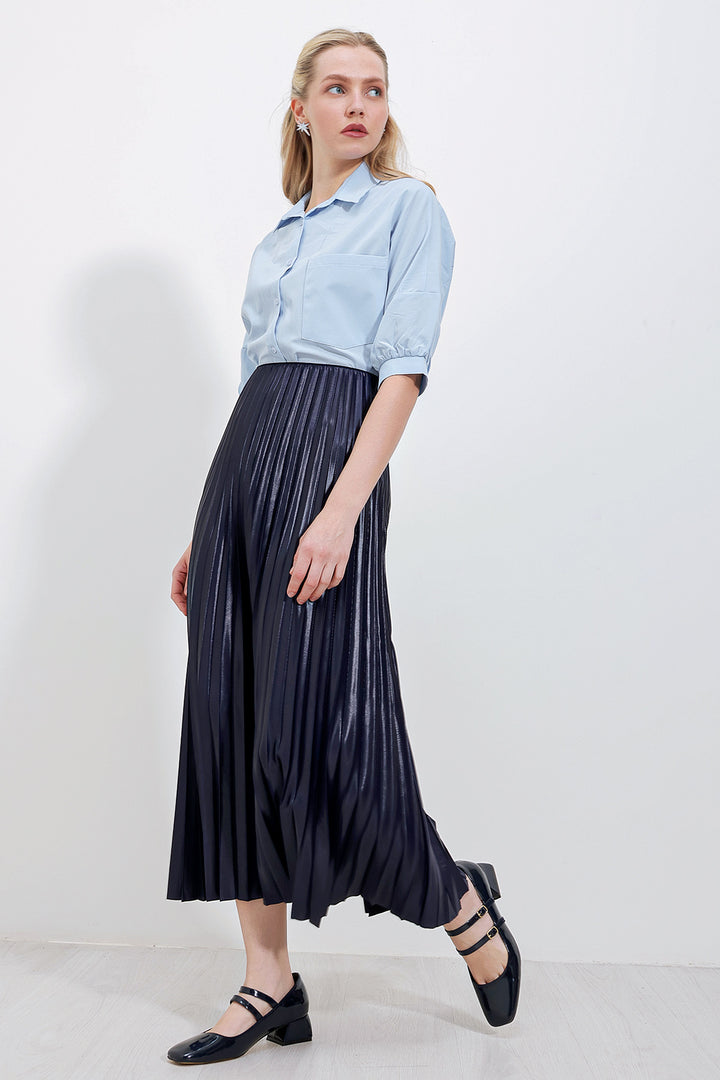 BGD Women Faux Leather Pleated Skirt - Navy - Moers