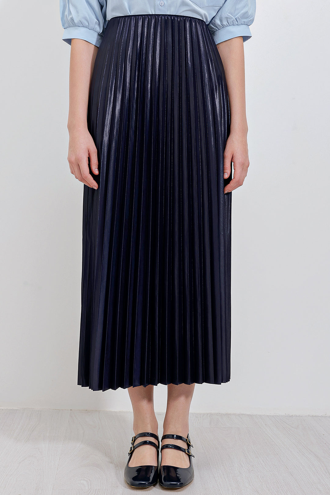BGD Women Faux Leather Pleated Skirt - Navy - Moers