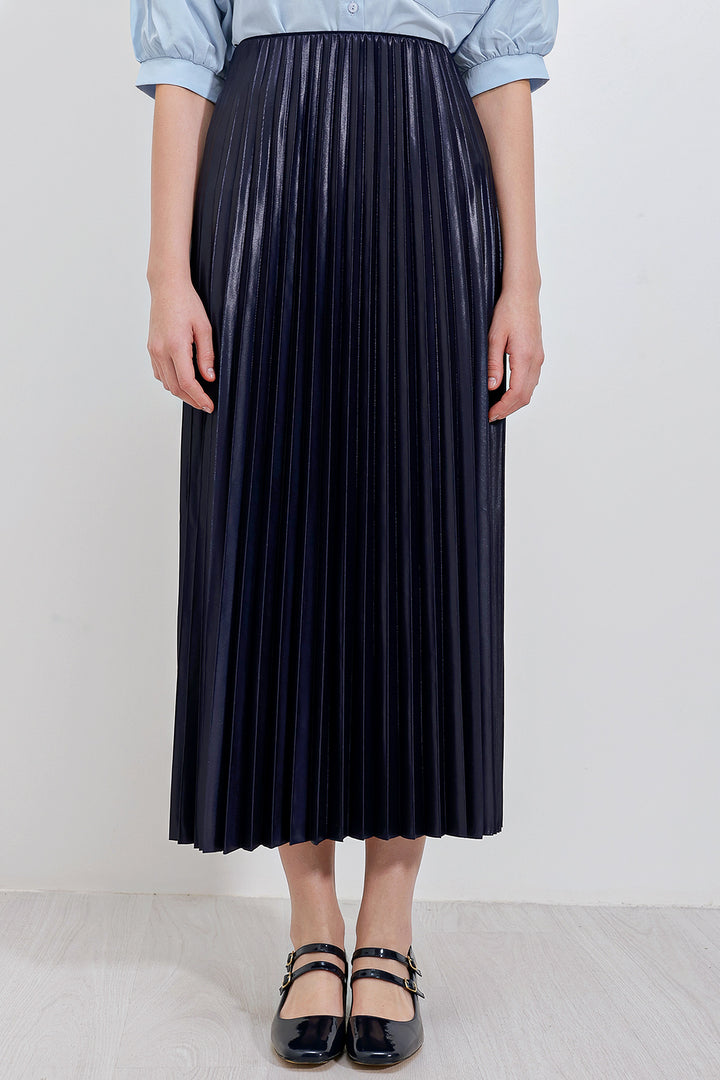 BGD Women Faux Leather Pleated Skirt - Navy - Moers