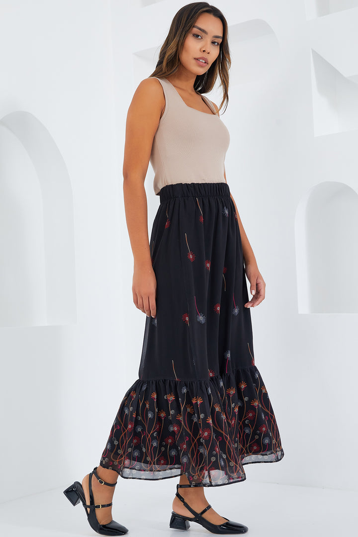 BGD Women Woman Black Orange Patterned Chiffon Skirt 8010 - Saint-Maur-des-Fossés