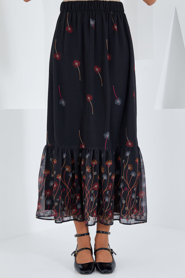 BGD Women Woman Black Orange Patterned Chiffon Skirt 8010 - Saint-Maur-des-Fossés