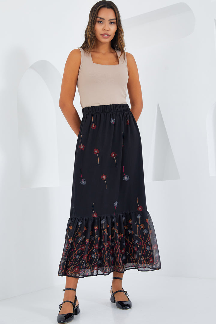 BGD Women Woman Black Orange Patterned Chiffon Skirt 8010 - Saint-Maur-des-Fossés