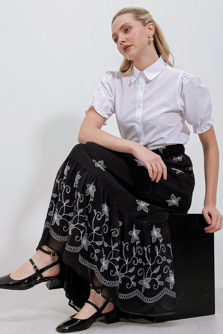 BGD Women Woman Black and White Patterned Chiffon Skirt 8010 - Zempoala