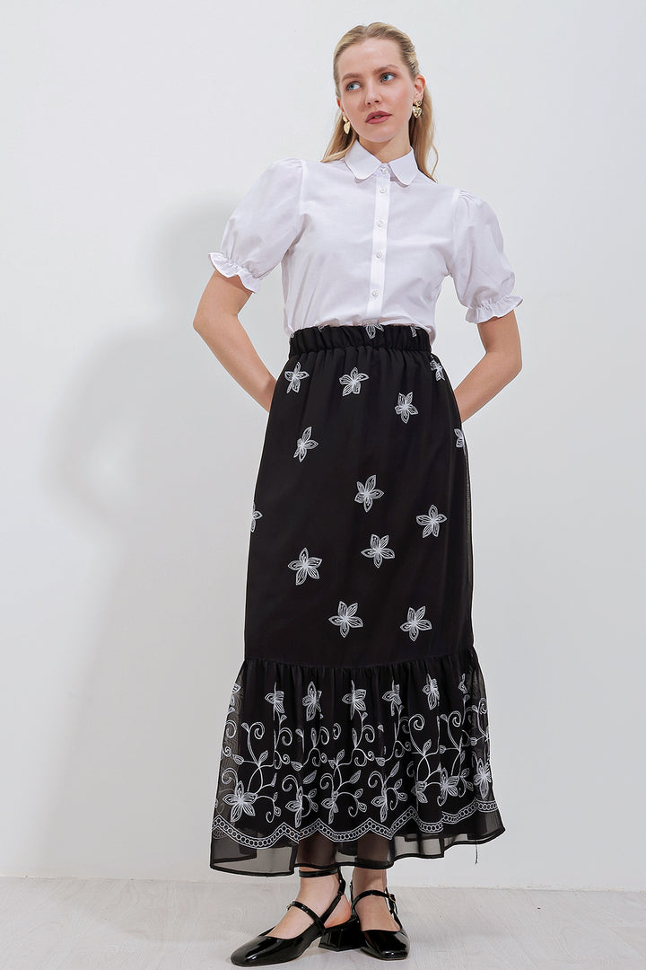 BGD Women Woman Black and White Patterned Chiffon Skirt 8010 - Zempoala