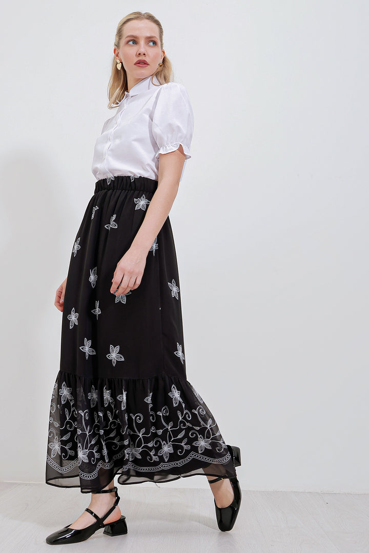 BGD Women Woman Black and White Patterned Chiffon Skirt 8010 - Zempoala
