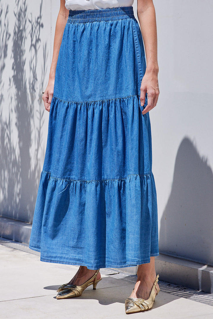 BGD Women Flared Long Denim Skirt - Navy - Acireale