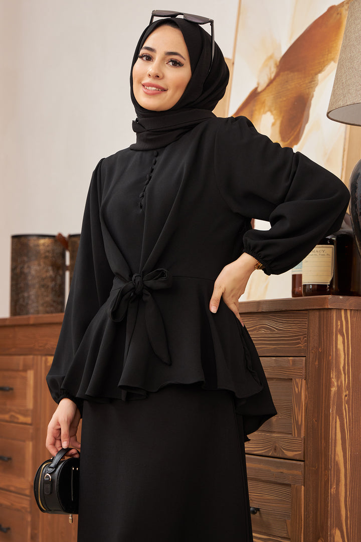 ZRF بدلة تنورة نسائية بأزرار أمامية - أسود - Santa Ana Nextlalpan