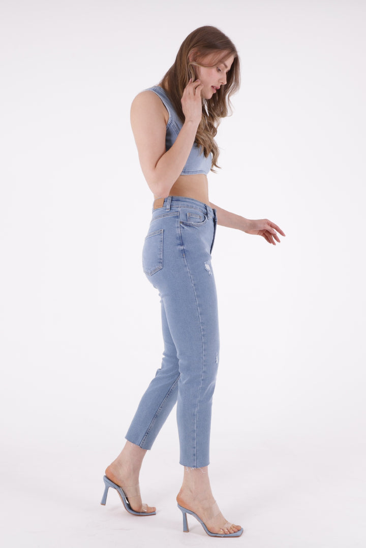 XLJ Fringe Ending Comfort Slim Ankle Length Ripped Jean Mixed - Erkelenz