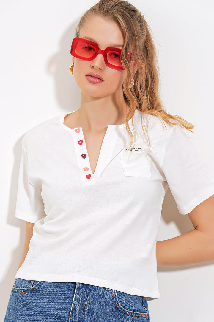 BGD Women Woman White Button Detailed Short Sleeve T-Shirt 903 - Avondale