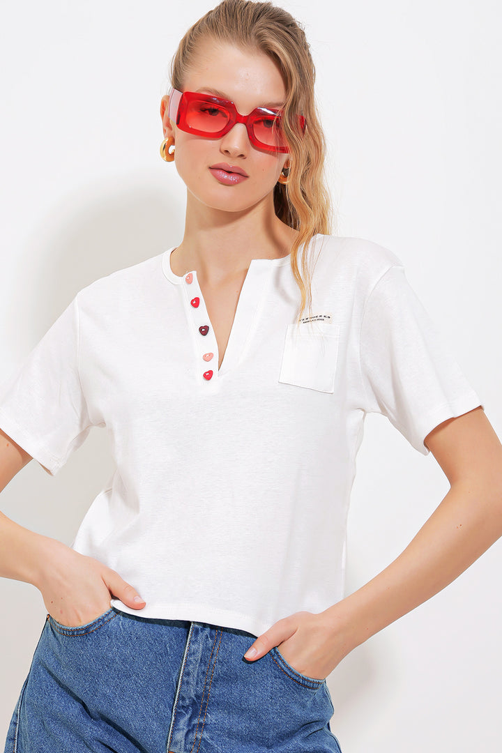 BGD Women Woman White Button Detailed Short Sleeve T-Shirt 903 - Avondale