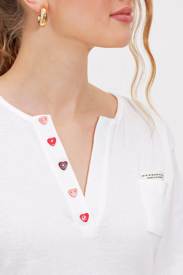 BGD Women Woman White Button Detailed Short Sleeve T-Shirt 903 - Avondale
