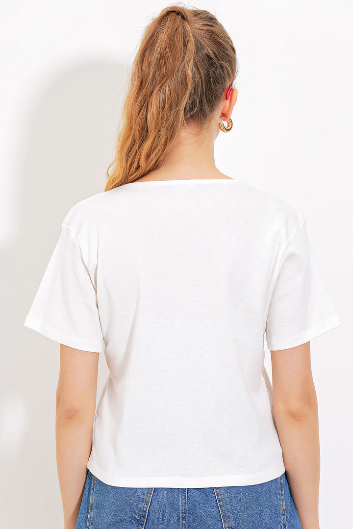 BGD Women Woman White Button Detailed Short Sleeve T-Shirt 903 - Avondale