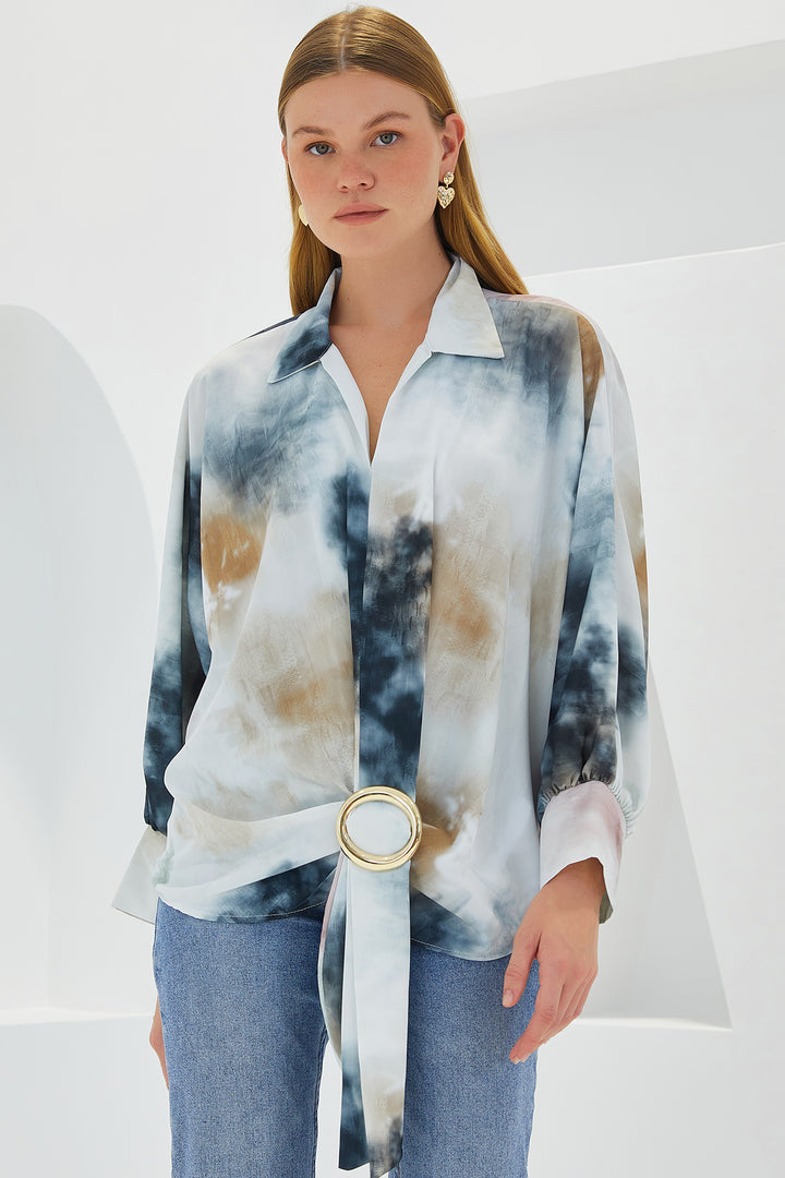BGD Women Woman Anthracite Ecru Oversize Draped Satin Shirt 907 - Farmers Branch
