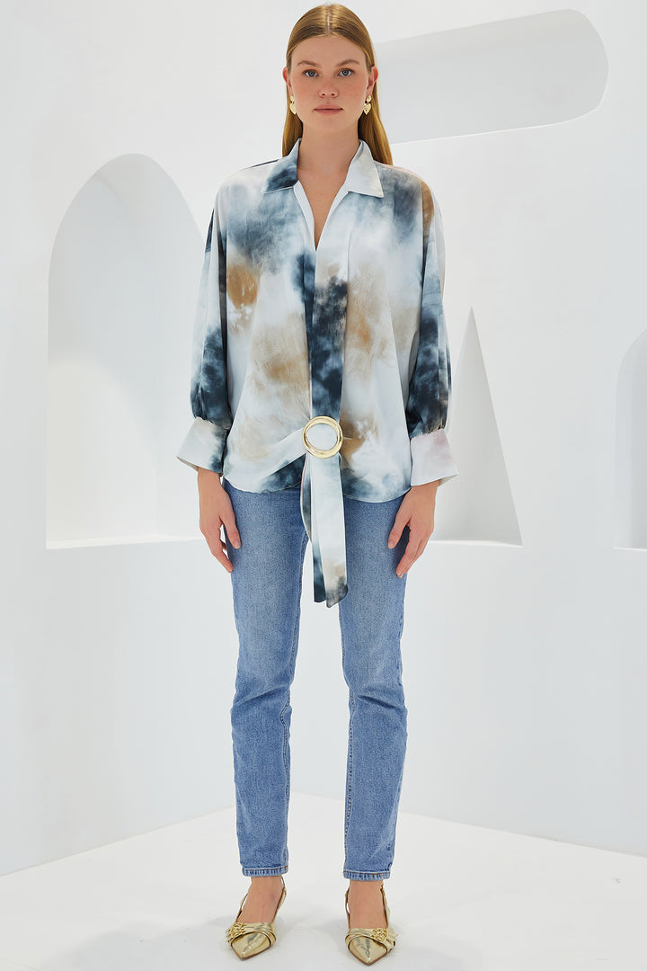 BGD Women Woman Anthracite Ecru Oversize Draped Satin Shirt 907 - Farmers Branch