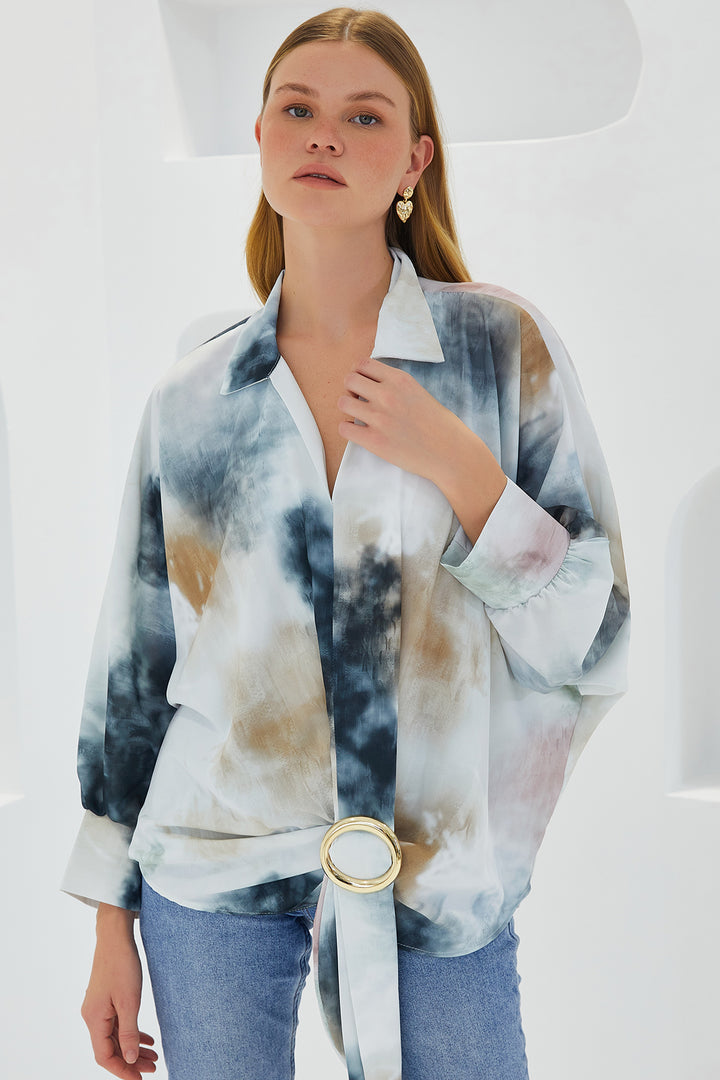 BGD Women Woman Anthracite Ecru Oversize Draped Satin Shirt 907 - Farmers Branch