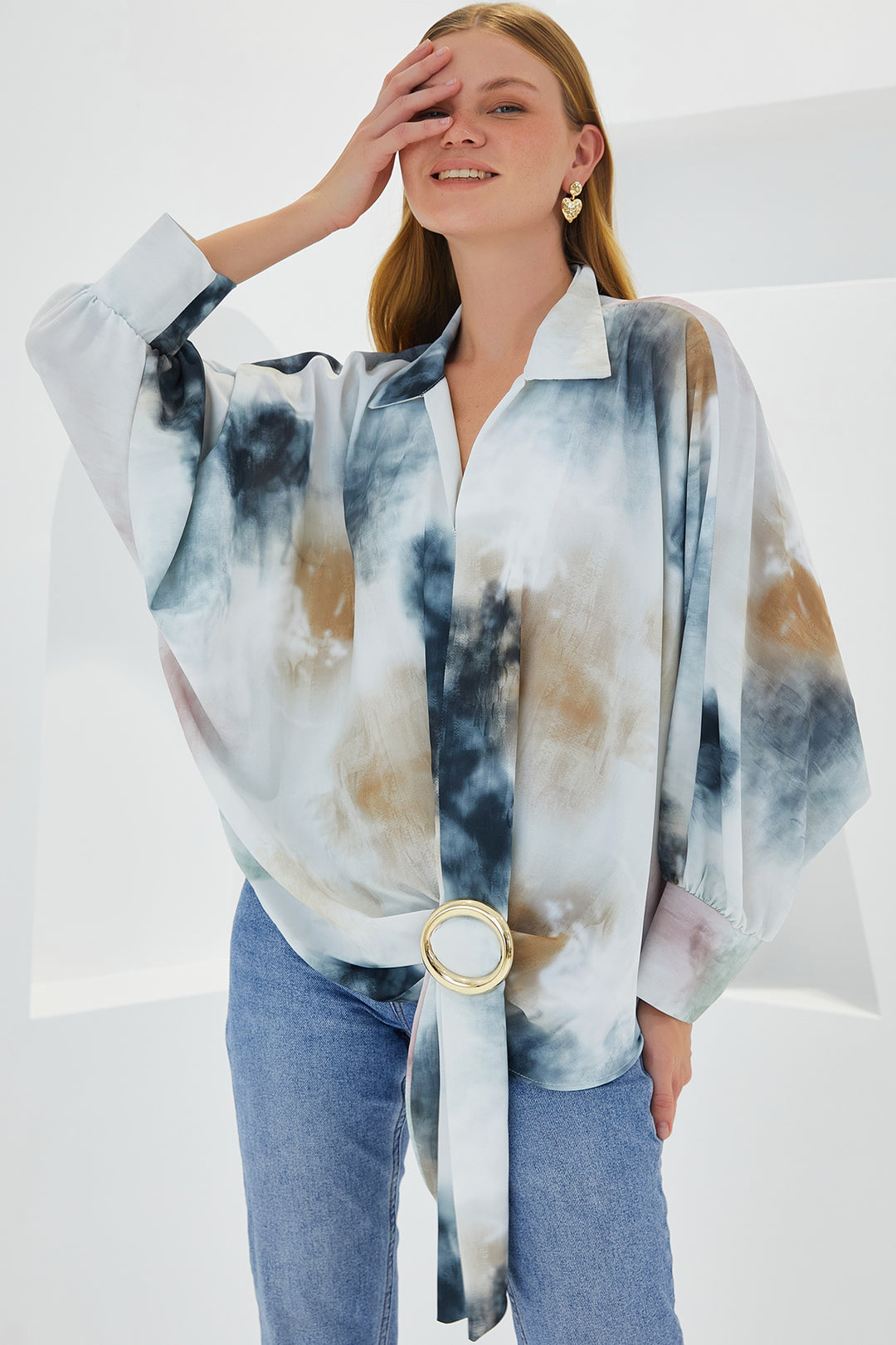 BGD Women Woman Anthracite Ecru Oversize Draped Satin Shirt 907 - Farmers Branch