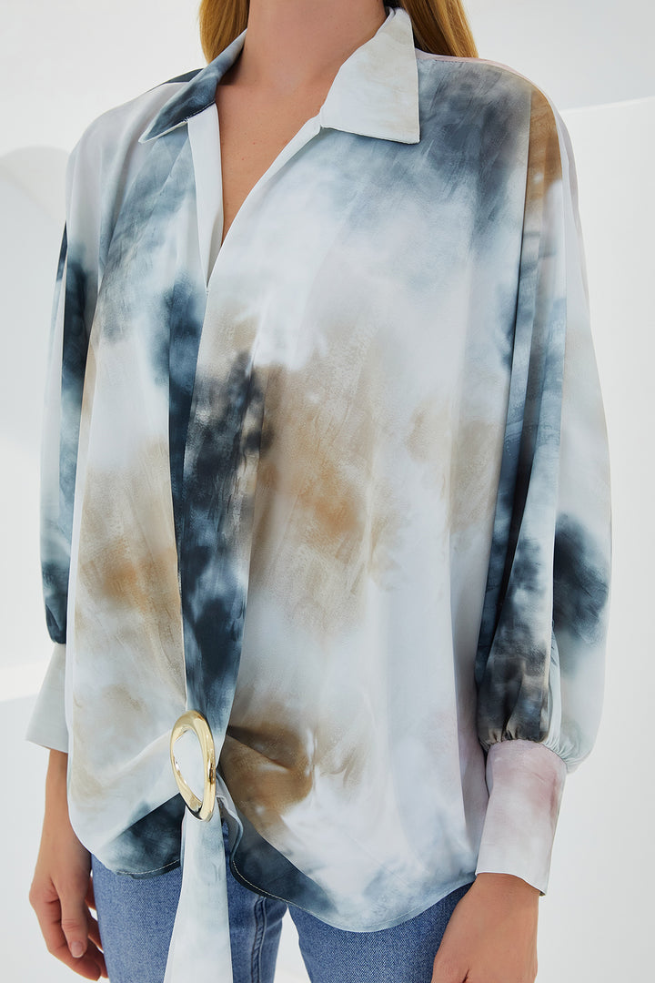 BGD Women Woman Anthracite Ecru Oversize Draped Satin Shirt 907 - Farmers Branch