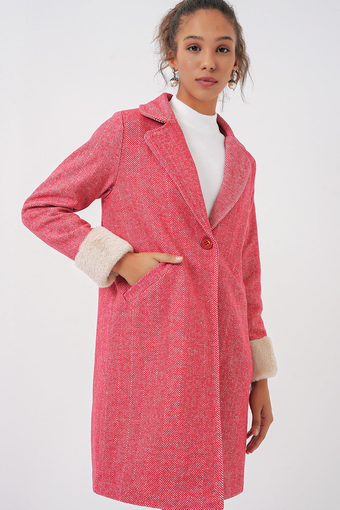 BGD Women Fishbone Stamp Coat - Burgundy - Woodley