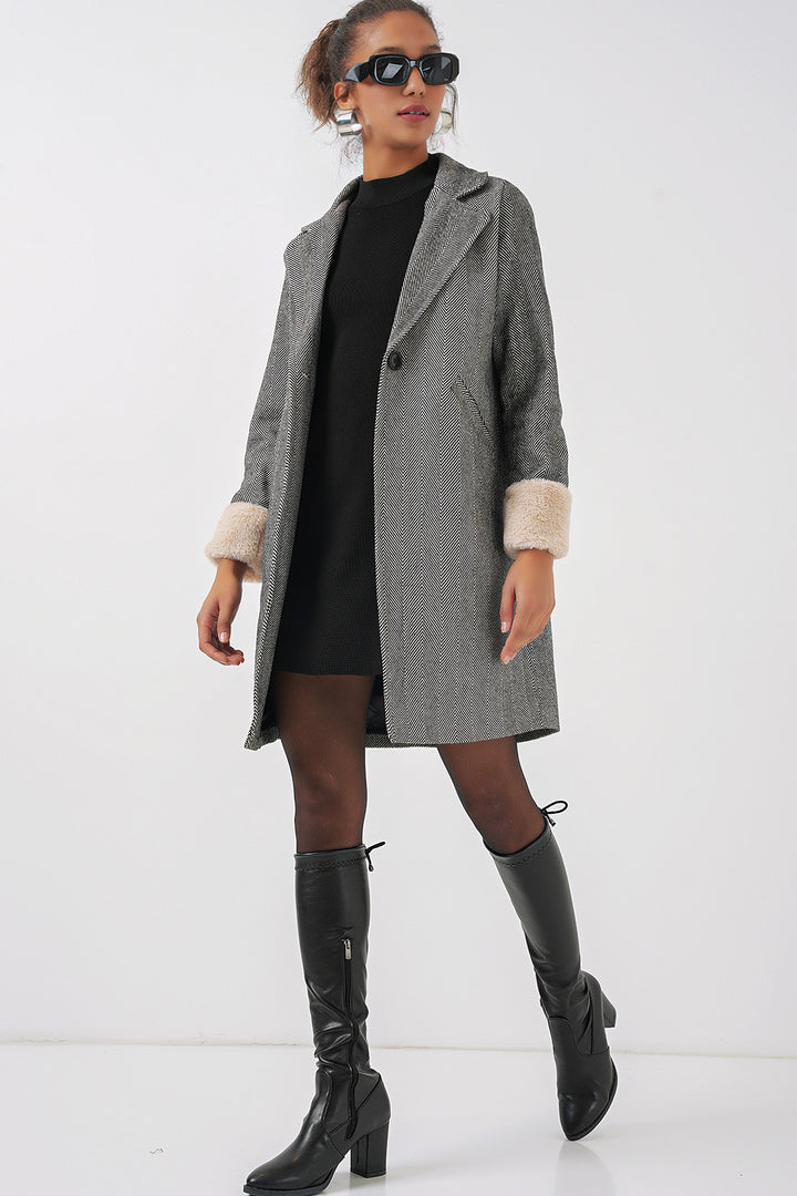 BGD Women Fishbone Stamp Coat - Charcoal Black - Olive Branch