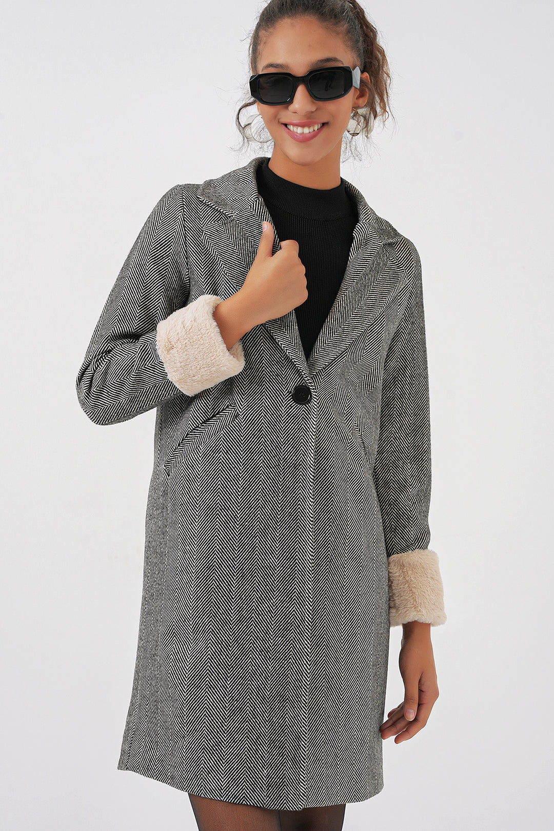 BGD Women Fishbone Stamp Coat - Charcoal Black - Olive Branch