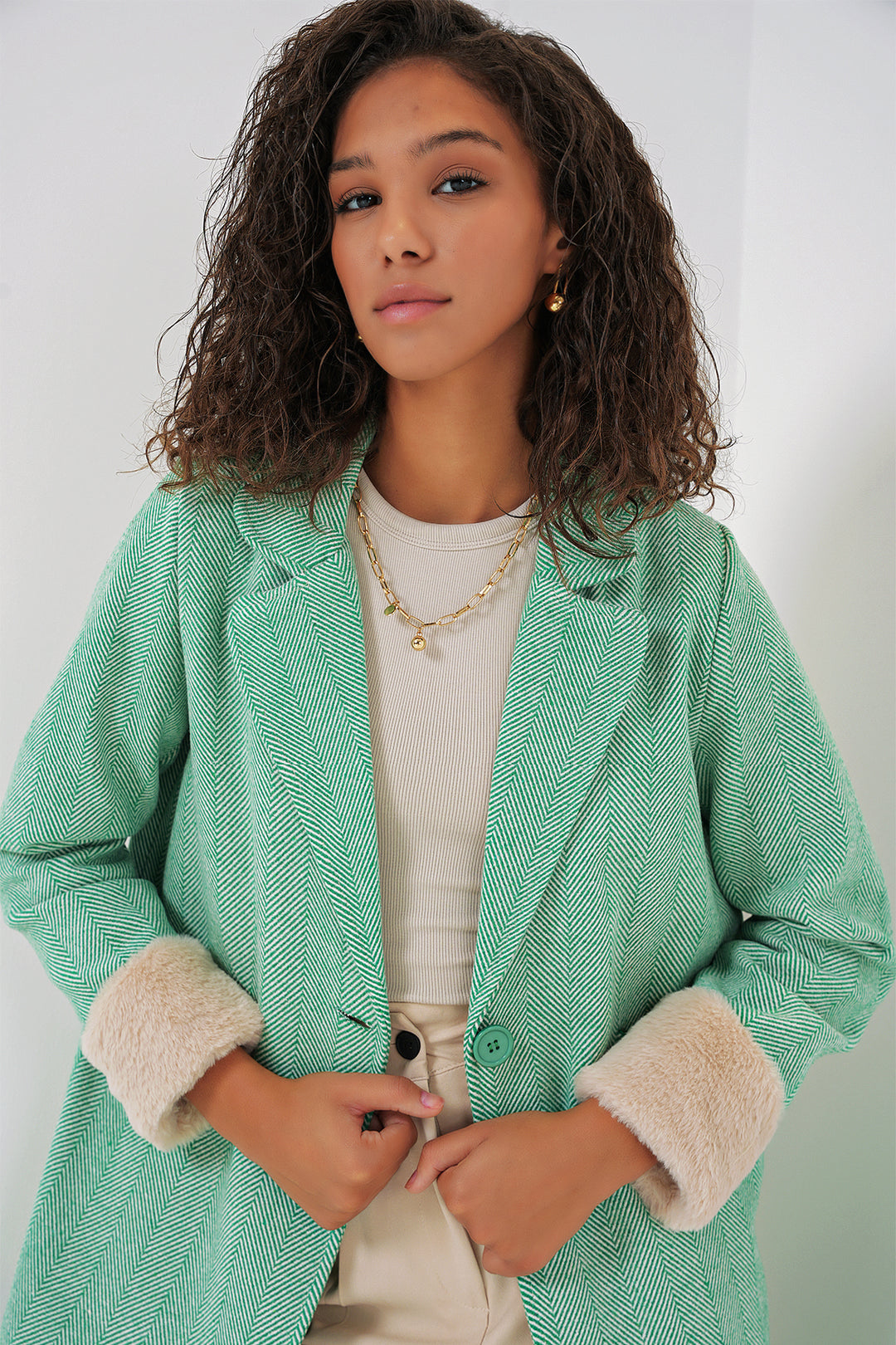 BGD Women Fishbone Stamp Coat - Dark Green - Leer