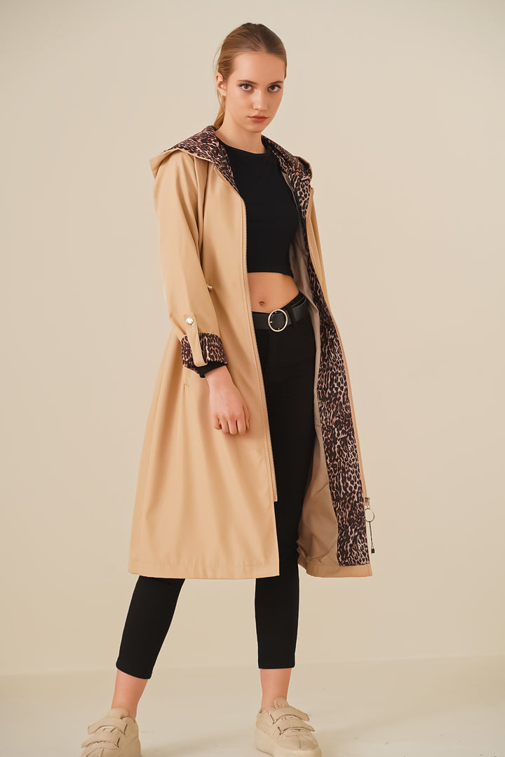 BGD Women Waist Gathered Hooded Trench Coat - Light Beige - Carpentersville