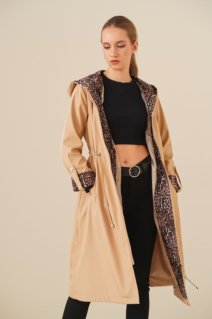 BGD Women Waist Gathered Hooded Trench Coat - Light Beige - Carpentersville