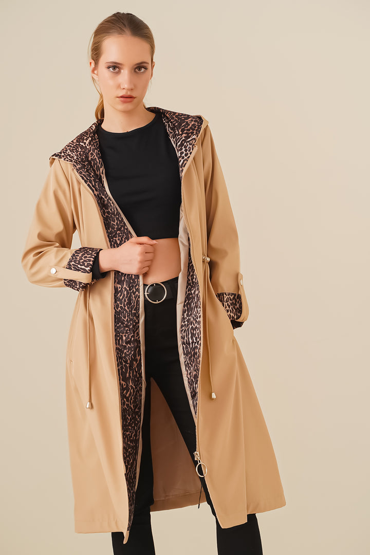 BGD Women Waist Gathered Hooded Trench Coat - Light Beige - Carpentersville
