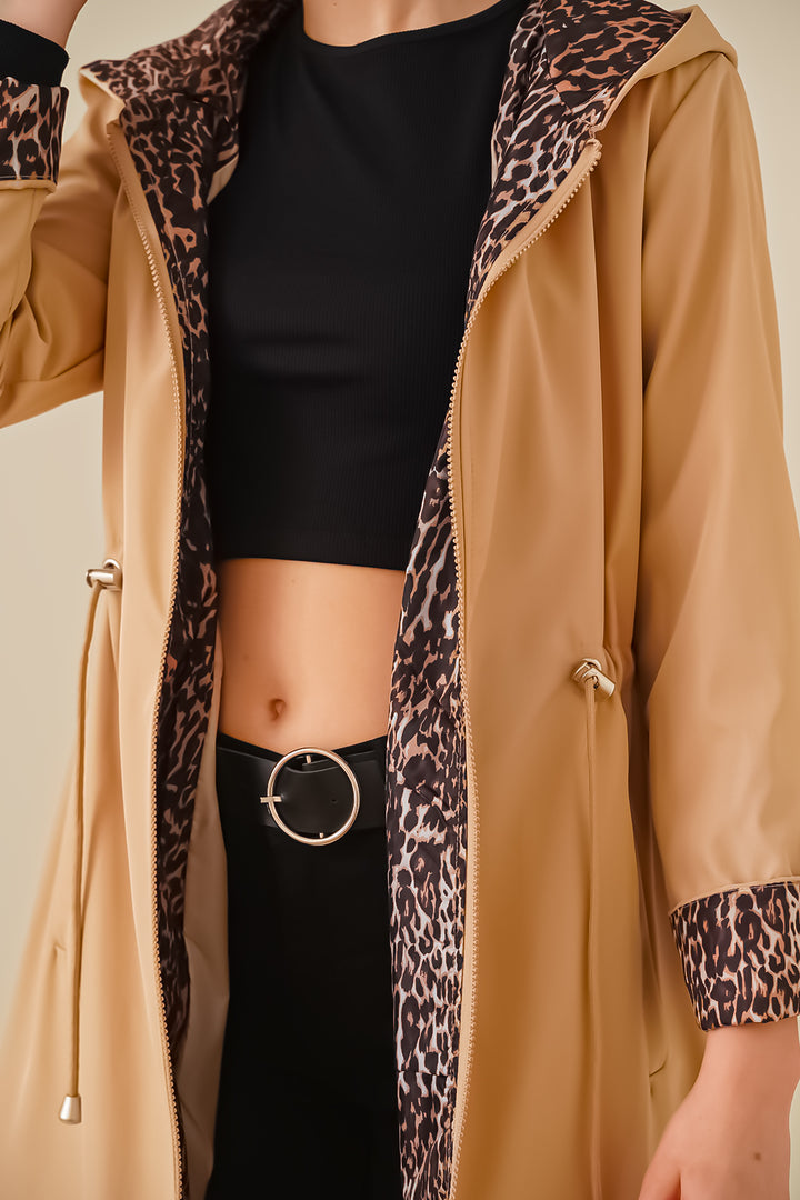 BGD Women Waist Gathered Hooded Trench Coat - Light Beige - Carpentersville