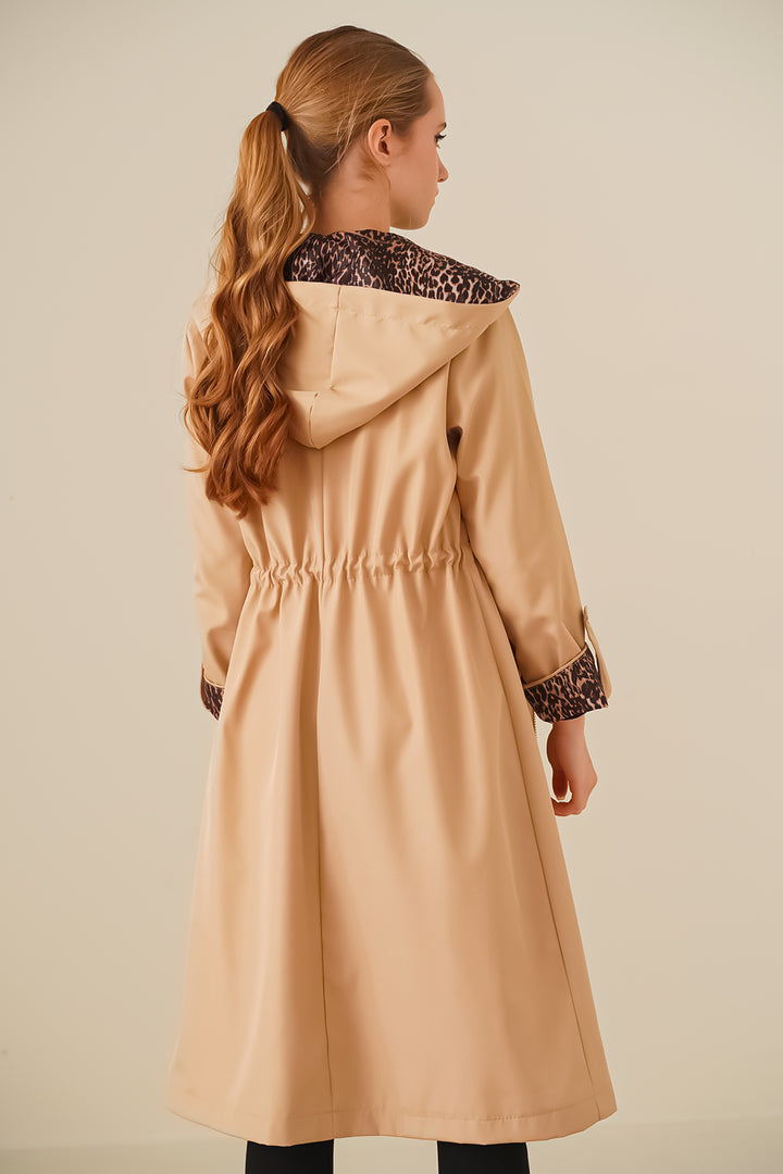 BGD Women Waist Gathered Hooded Trench Coat - Light Beige - Carpentersville