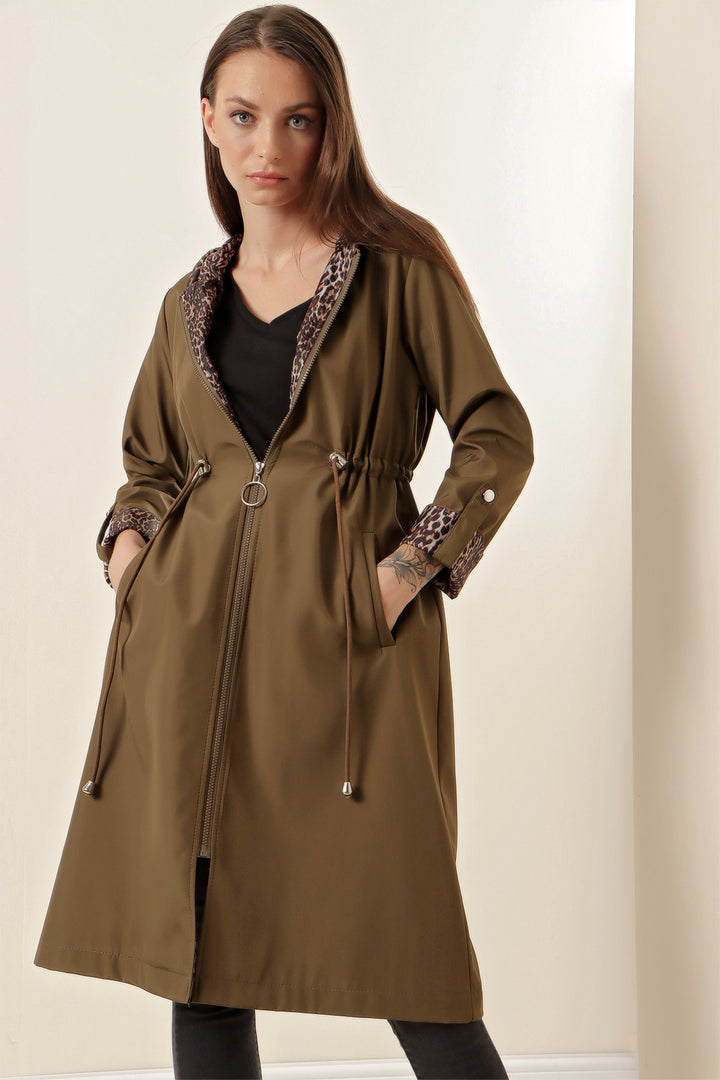 BGD Women Waist Gathered Hooded Trench Coat - Army Green - Fort Pierce