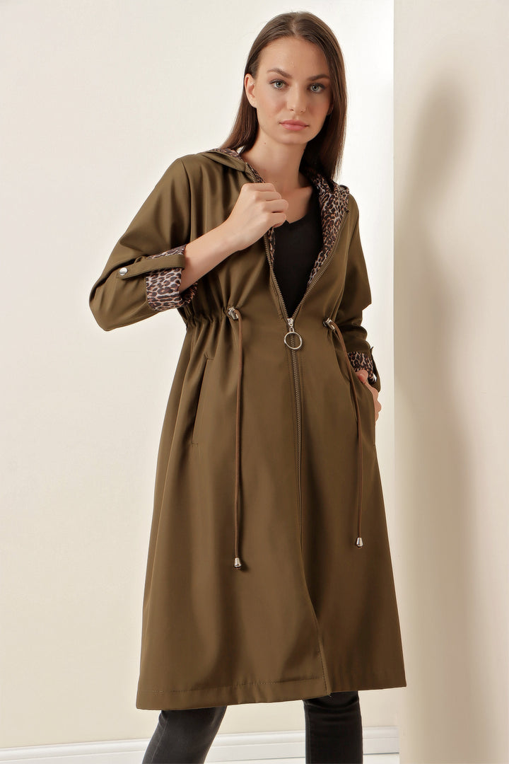 BGD Women Waist Gathered Hooded Trench Coat - Army Green - Fort Pierce