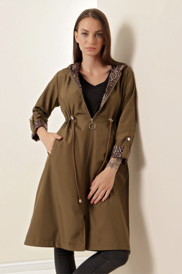 BGD Women Waist Gathered Hooded Trench Coat - Army Green - Fort Pierce