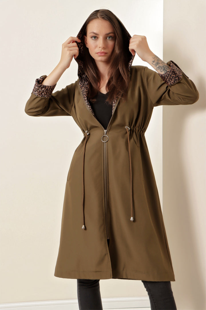 BGD Women Waist Gathered Hooded Trench Coat - Army Green - Fort Pierce