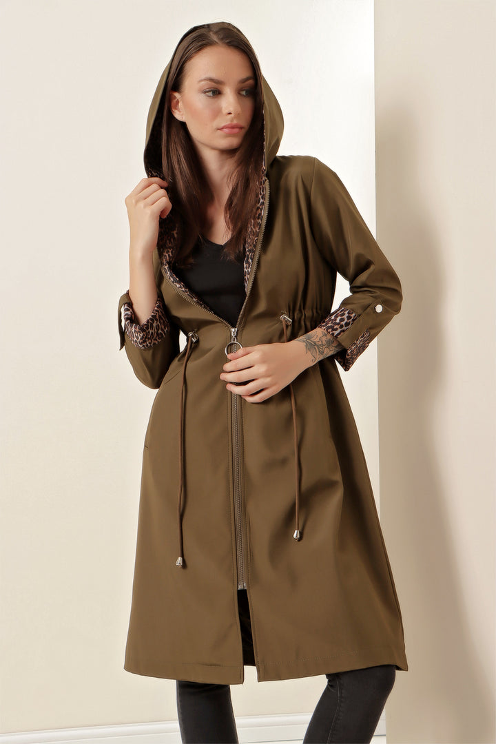 BGD Women Waist Gathered Hooded Trench Coat - Army Green - Fort Pierce